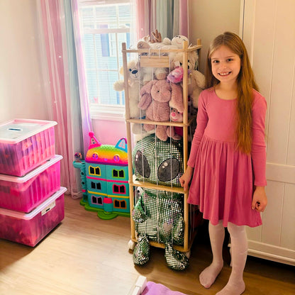 Rangement vertical en pin pour peluches avec cordons élastiques