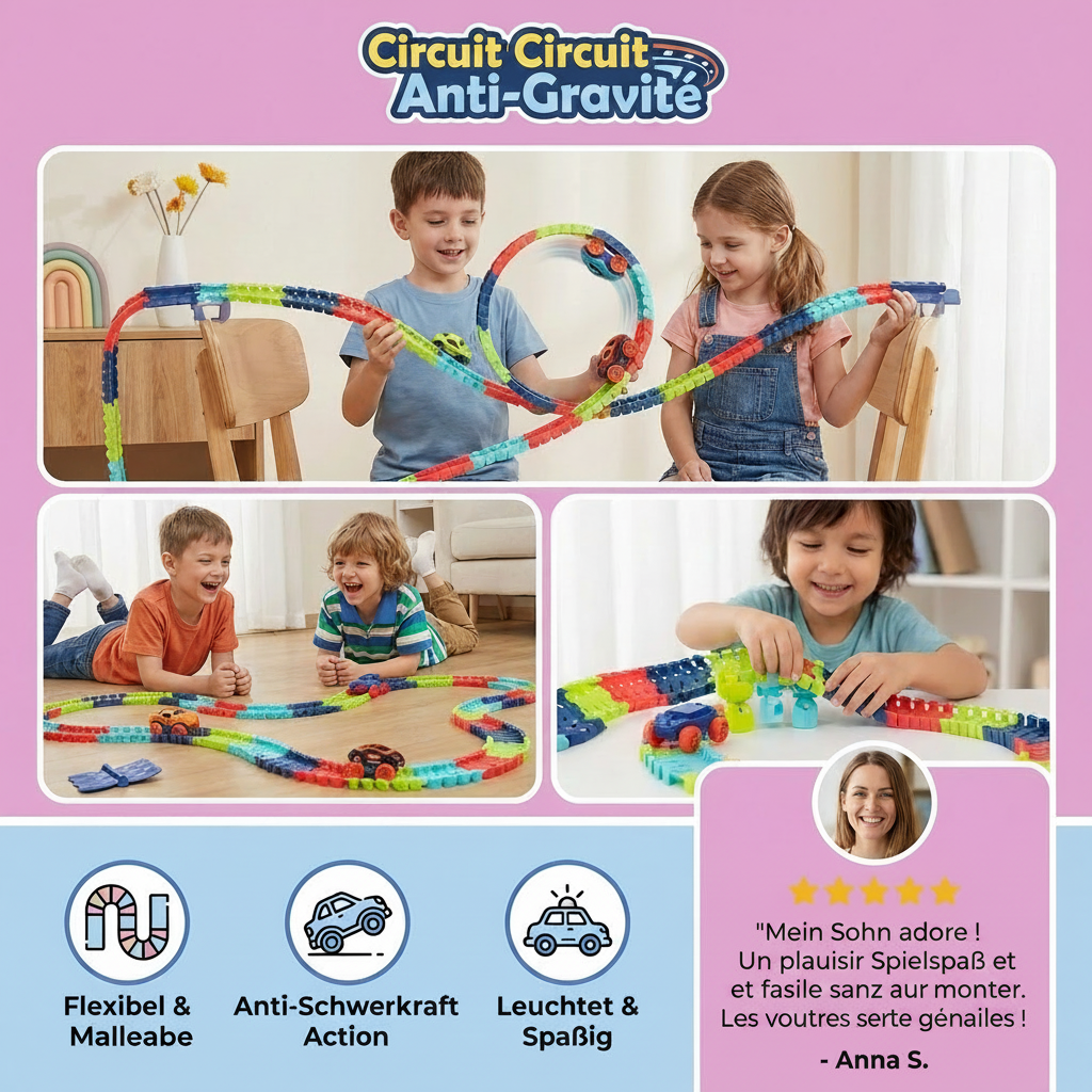 Circuit de Course Anti-Gravité – Piste Flexible avec Boucles & Cascades pour Enfants | Dès 46 Pièces