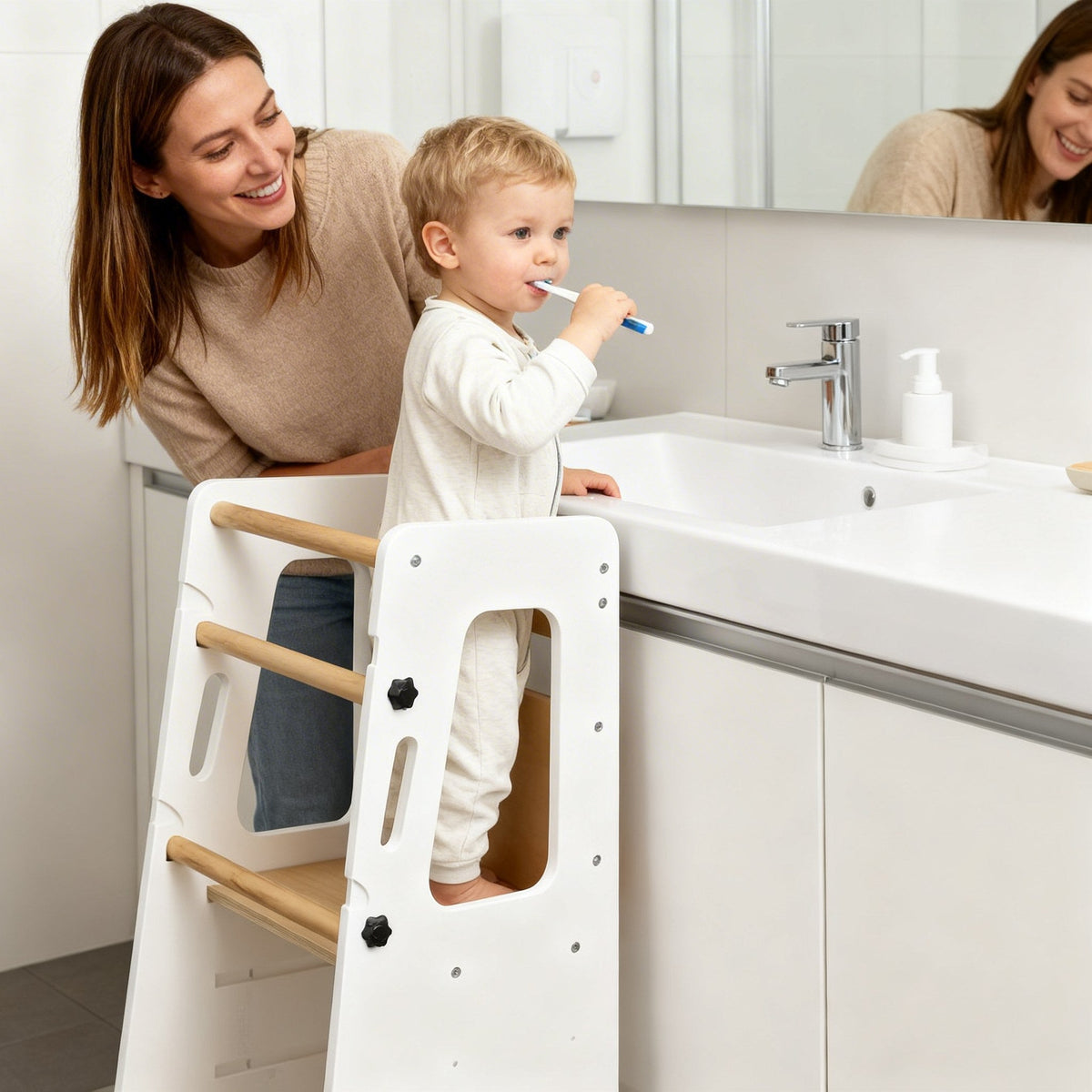 Tour d'Apprentissage Montessori en Bois Massif – Gris et Bois Naturel, Hauteur Réglable
