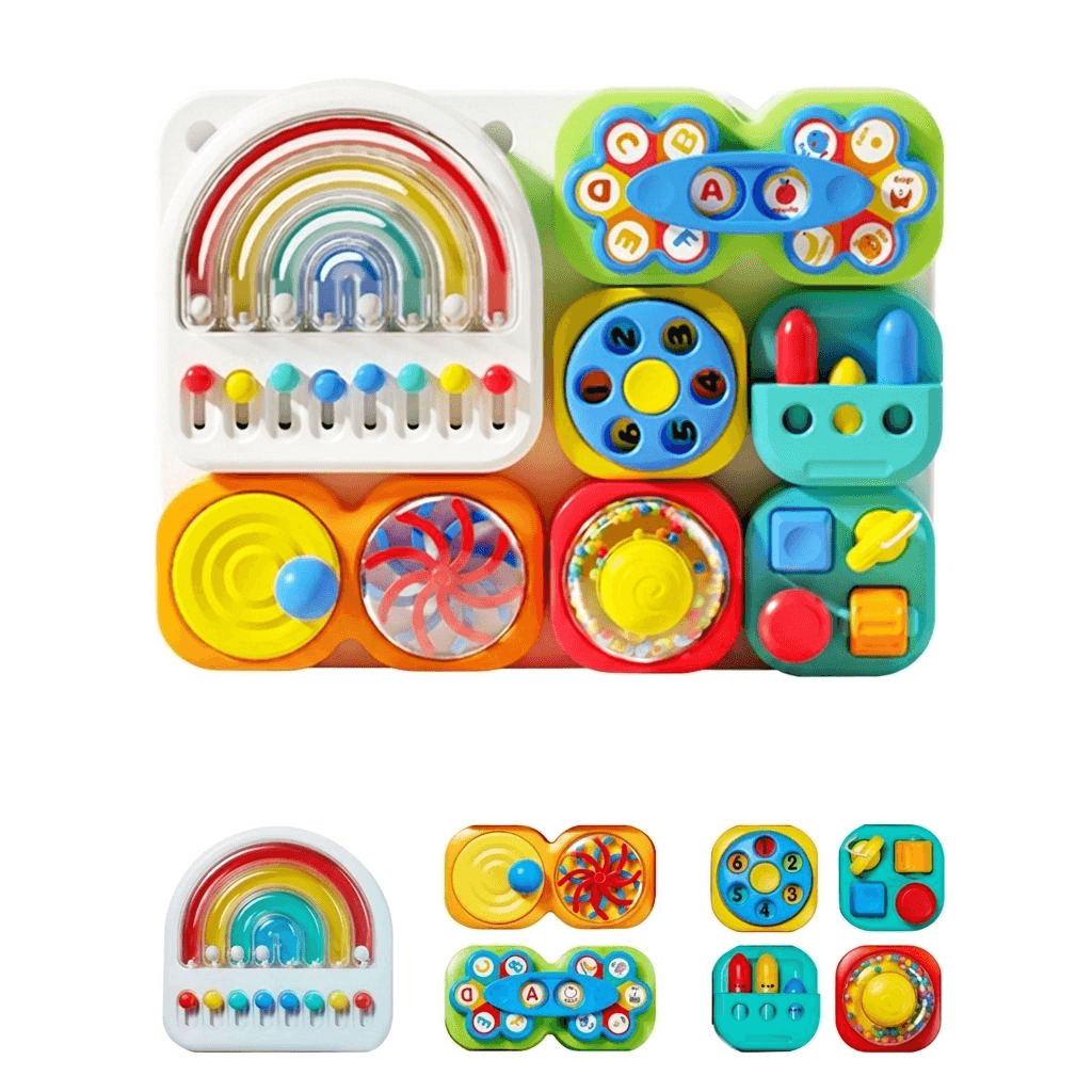 Tableau d’activités sensorielles pour enfant avec attaches et jeux de manipulation