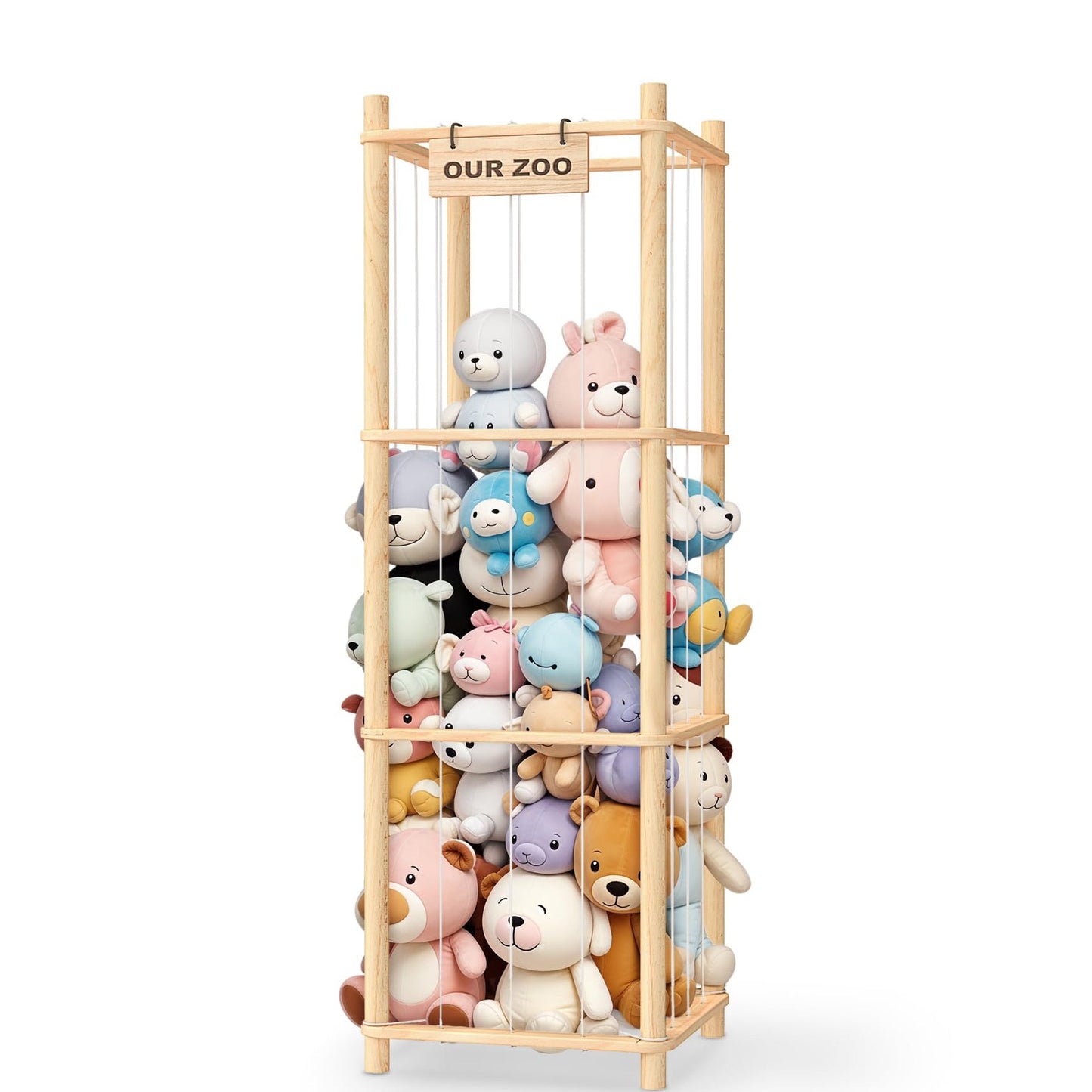 Rangement vertical en pin pour peluches avec cordons élastiques
