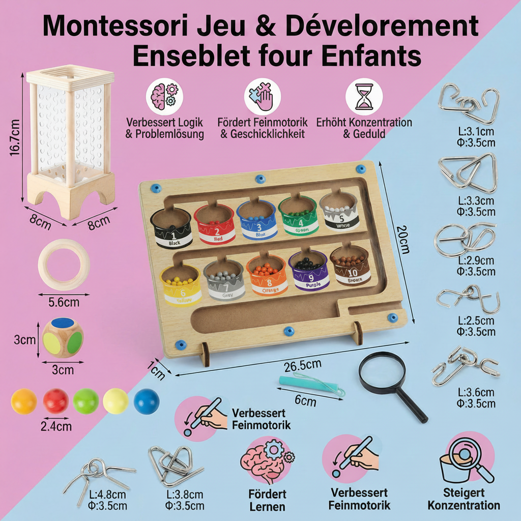 Set de Jeux Montessori 3 Pièces – Jeux Éducatifs de Logique pour Enfants