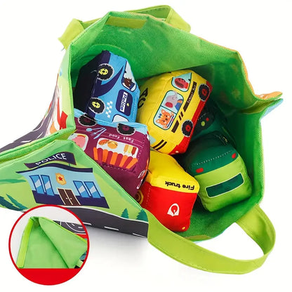 Voitures en peluche sensorielles 2-en-1 avec tapis de jeu et sac de transport – Jouets de voyage pour enfants