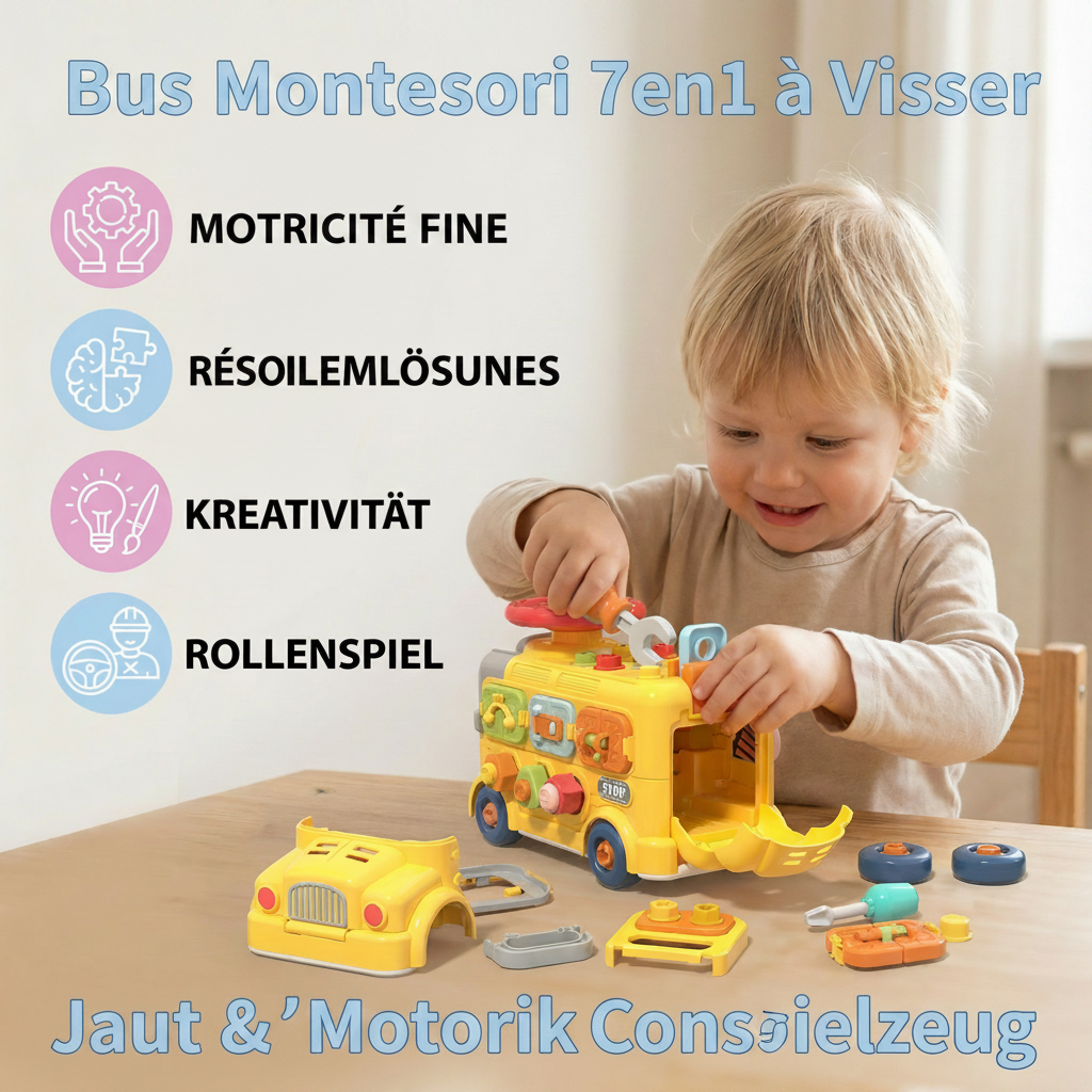 Bus Montessori à Visser 7-en-1 – Jouet de Construction, Motricité Fine et Éveil pour Enfants dès 2 ans
