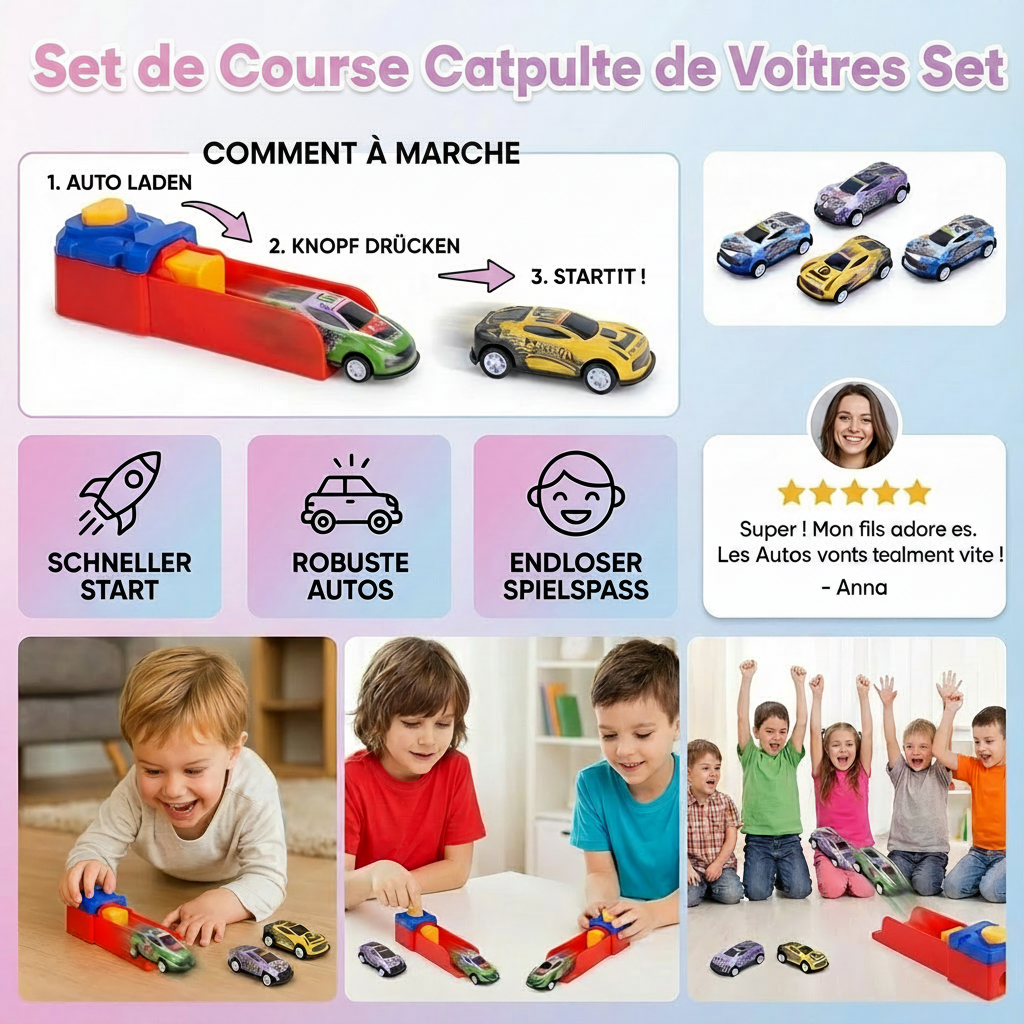 Coffret de Course avec Catapulte – 4 Voitures Die-Cast & Lanceur Inclus
