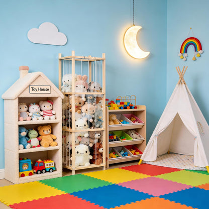 Rangement vertical en pin pour peluches avec cordons élastiques
