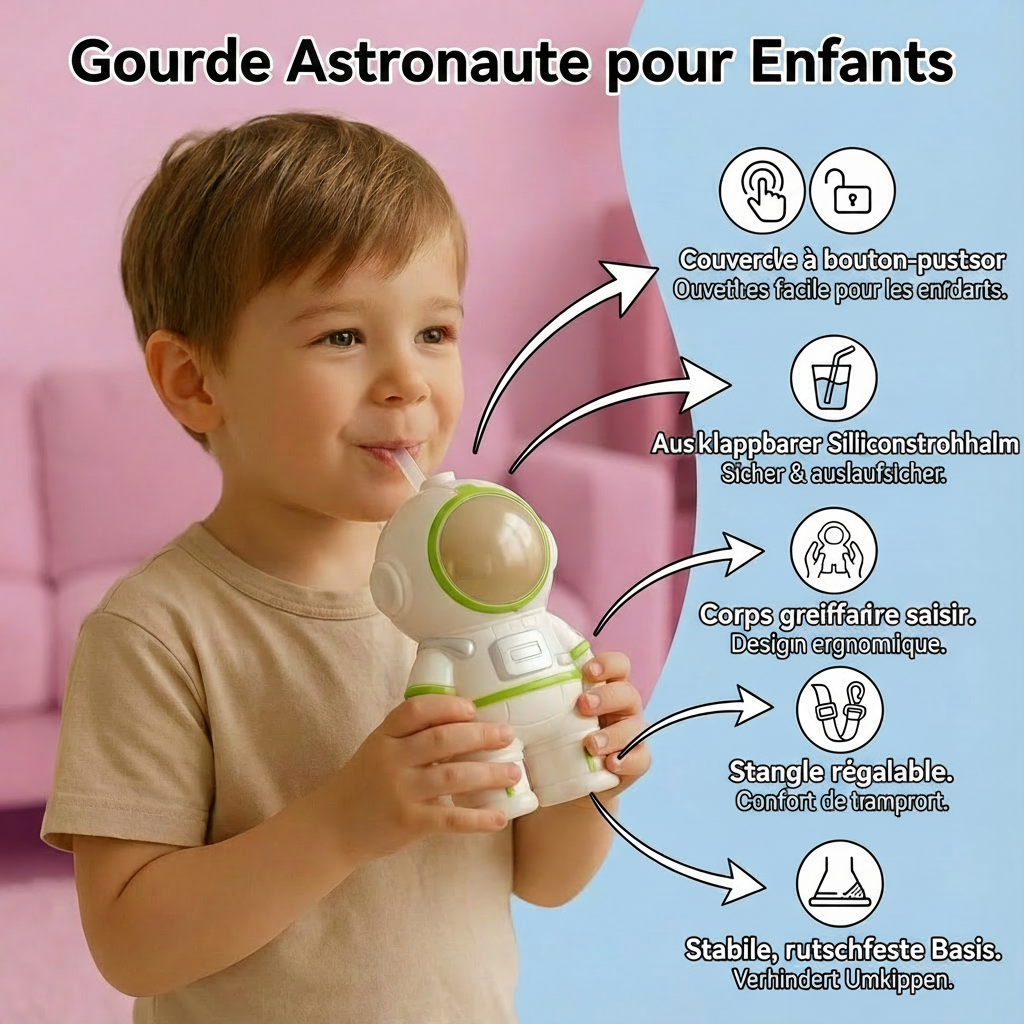 Gourde Astronaute pour Enfants – Bouteille Réutilisable Antifuite avec Paille | Sans BPA