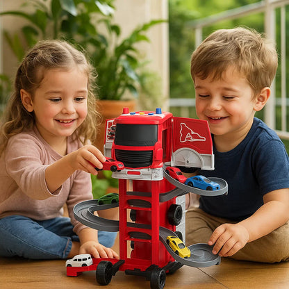 Camion de transport de voitures 2-en-1 avec circuit et voitures – Camion jouet transformable pour enfants