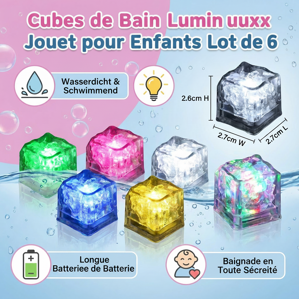 Lot de 6 Cubes Lumineux de Bain – LEDs Magiques qui S’allument dans l’Eau