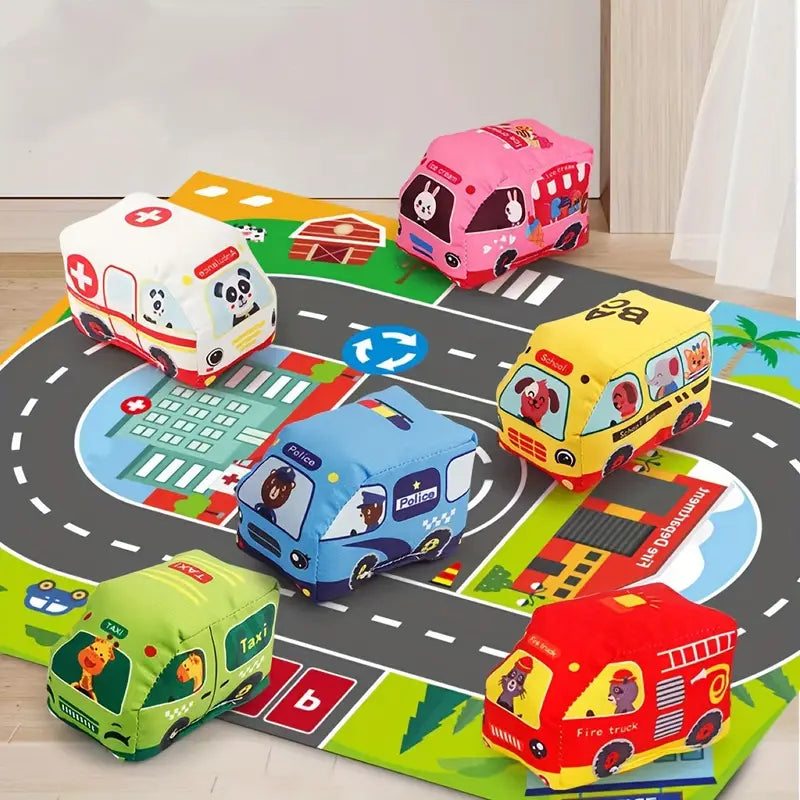 Voitures en peluche sensorielles 2-en-1 avec tapis de jeu et sac de transport – Jouets de voyage pour enfants