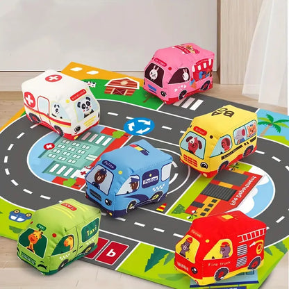 Voitures en peluche sensorielles 2-en-1 avec tapis de jeu et sac de transport – Jouets de voyage pour enfants