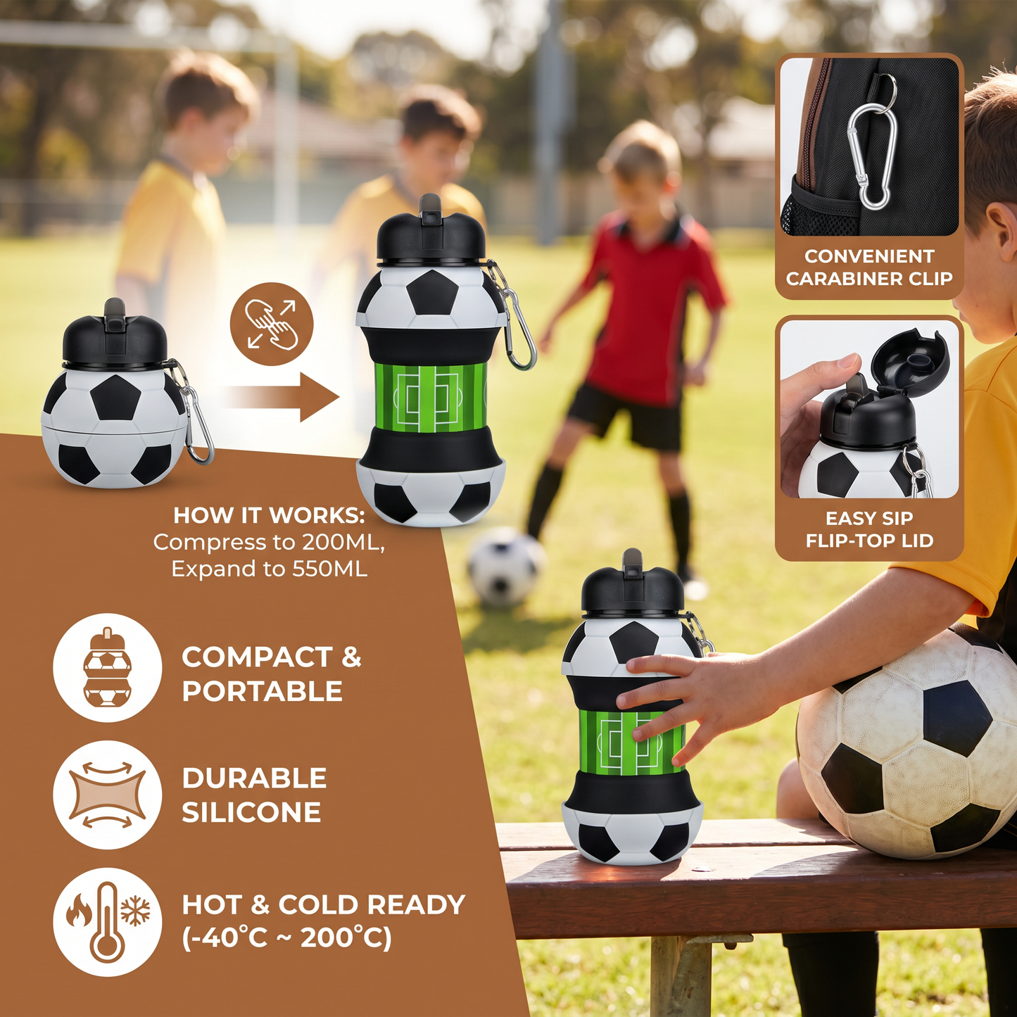 Gourde Pliable en Silicone Ballon de Foot – Compacte et Résistante