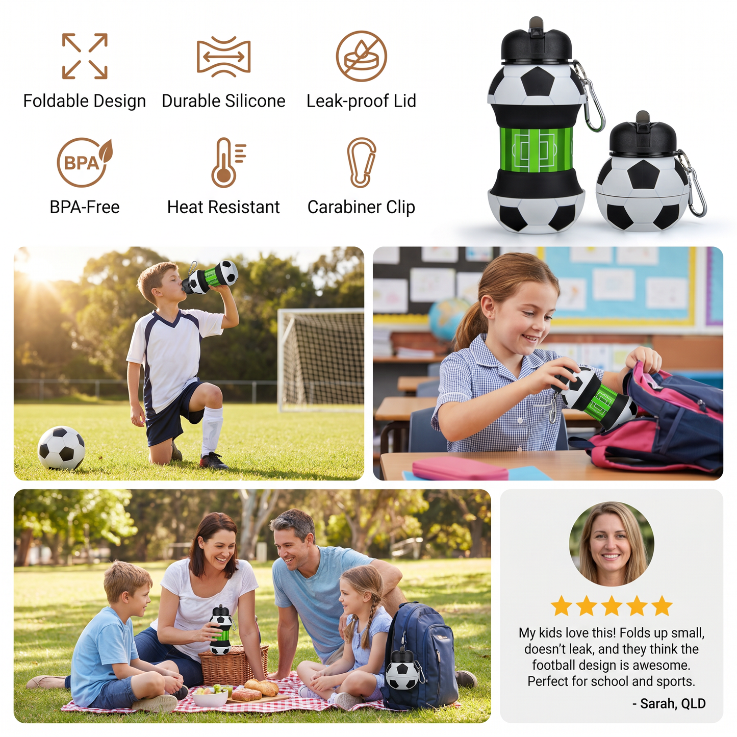 Gourde Pliable en Silicone Ballon de Foot – Compacte et Résistante