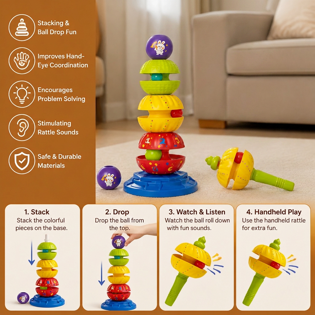 Spinning stacking and ball-drop tower with rattle, view 3