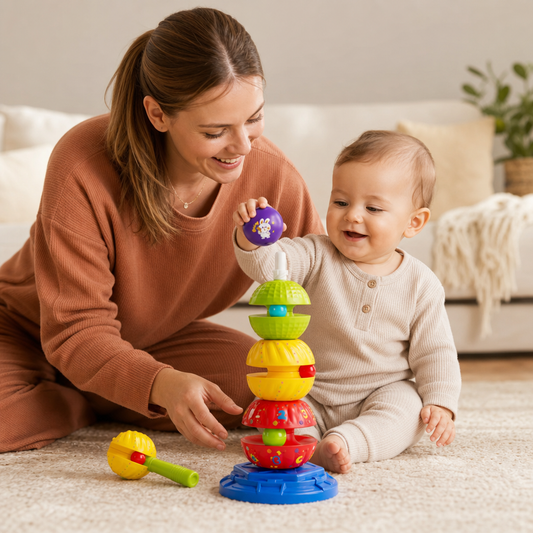 Spinning stacking and ball-drop tower with rattle