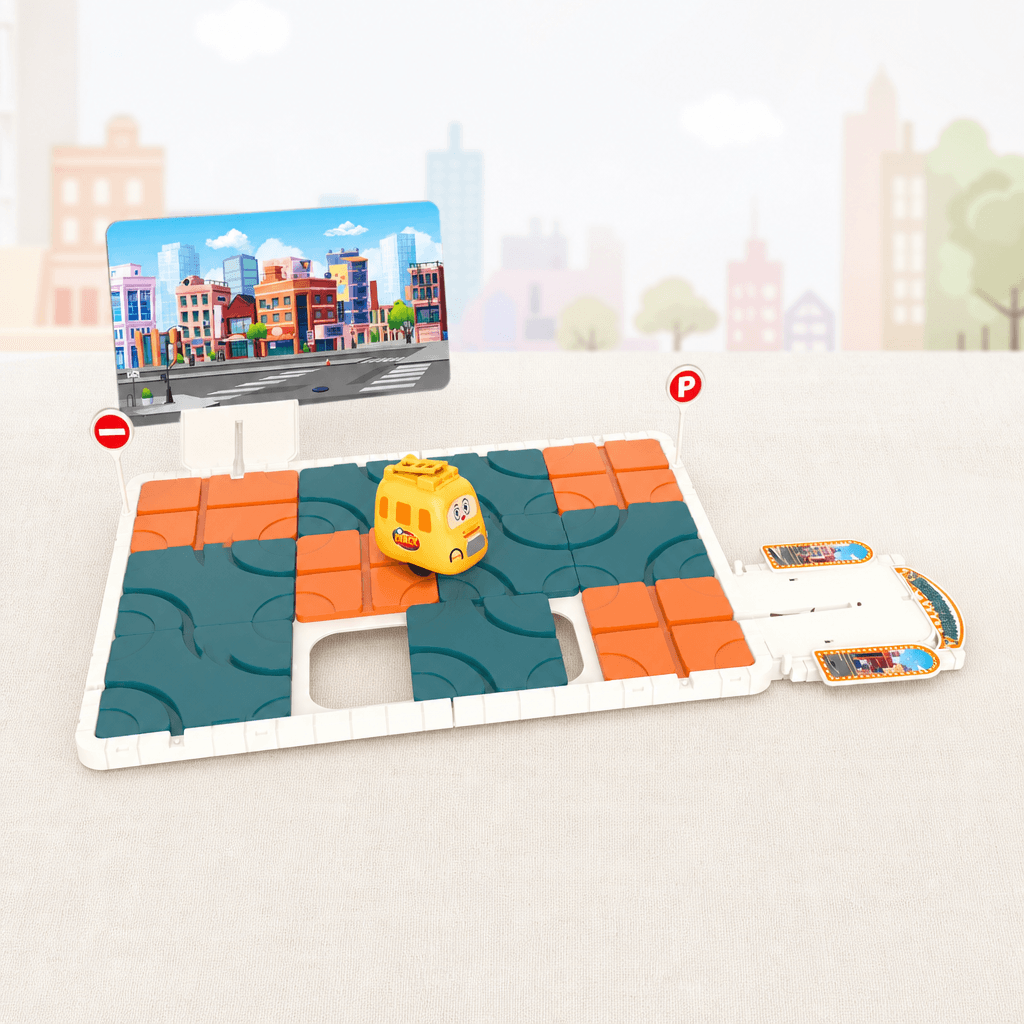 Sliding track maze puzzle with automatic car