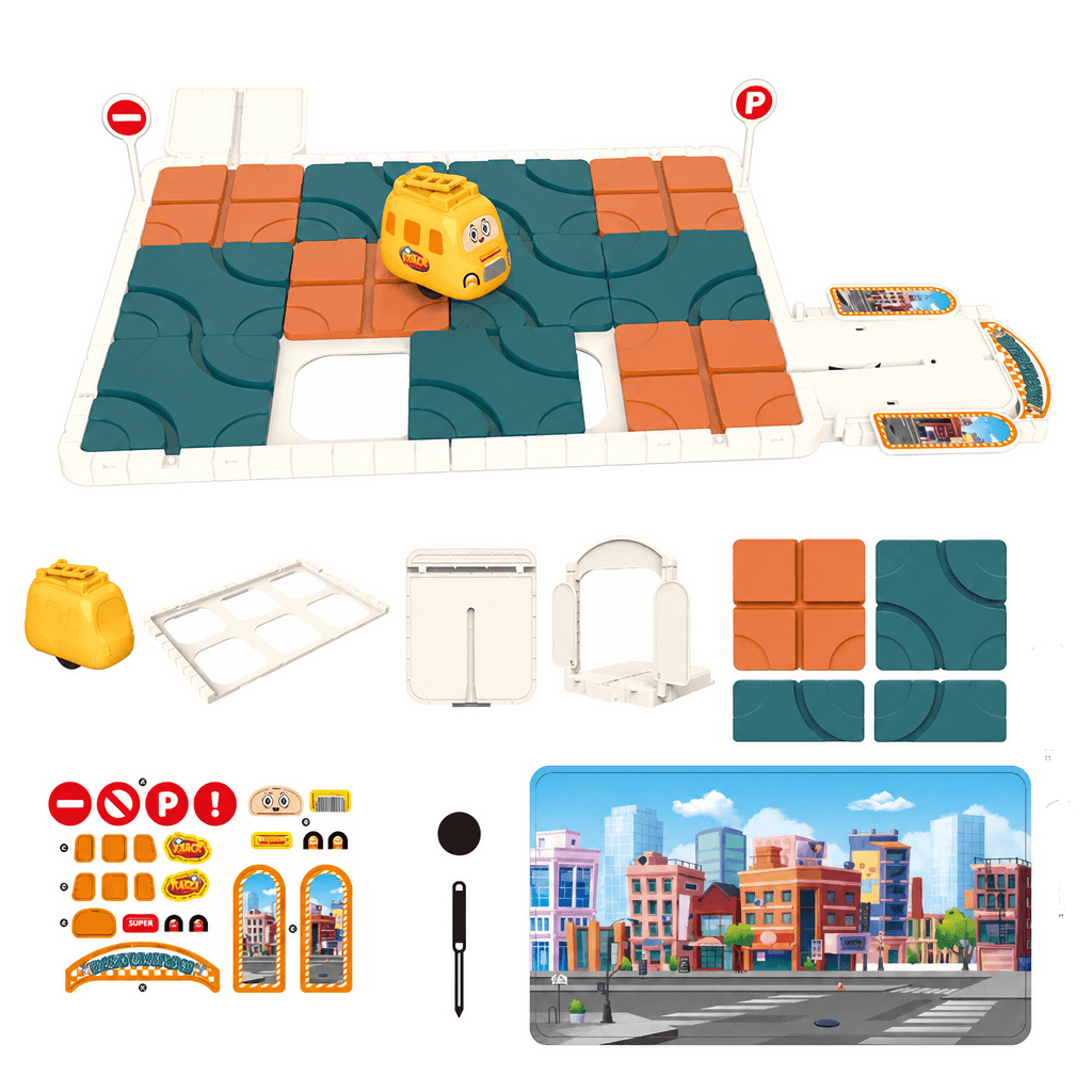 Sliding track maze puzzle with automatic car, view 3
