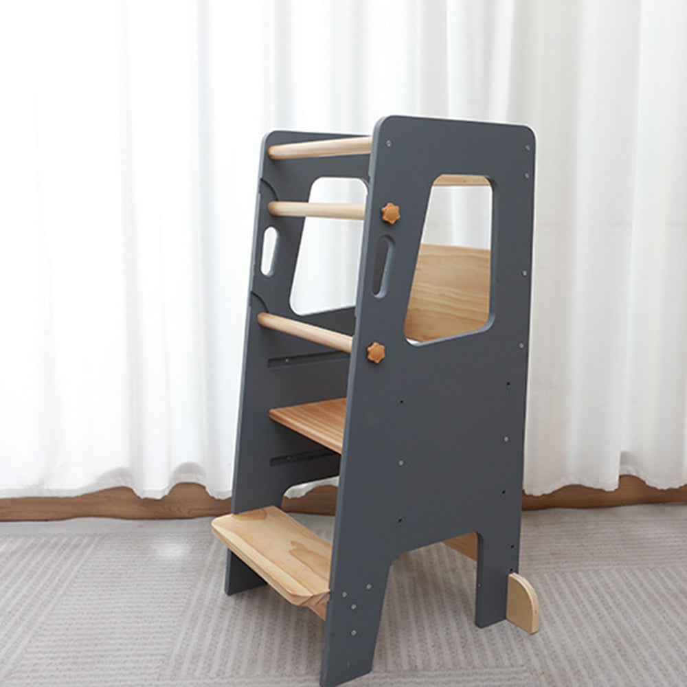 Tour d'Apprentissage Montessori en Bois Massif – Gris et Bois Naturel, Hauteur Réglable