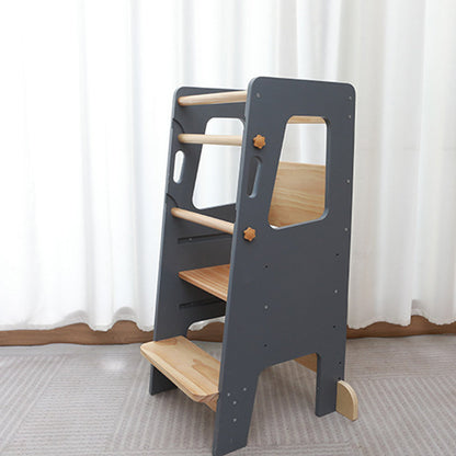 Tour d'Apprentissage Montessori en Bois Massif – Gris et Bois Naturel, Hauteur Réglable