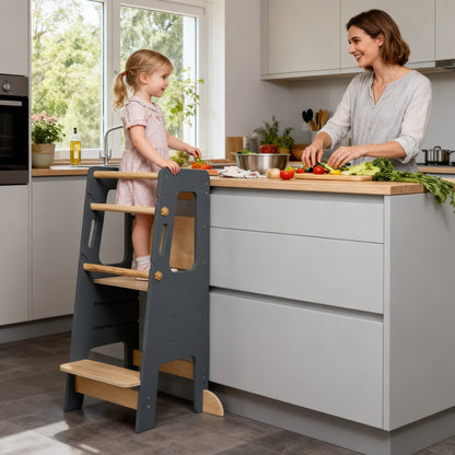 Tour d'Apprentissage Montessori en Bois Massif – Gris et Bois Naturel, Hauteur Réglable