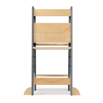 Tour d'Apprentissage Montessori en Bois Massif – Gris et Bois Naturel, Hauteur Réglable