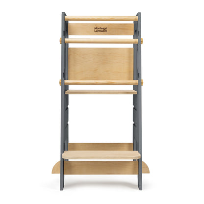 Tour d'Apprentissage Montessori en Bois Massif – Gris et Bois Naturel, Hauteur Réglable