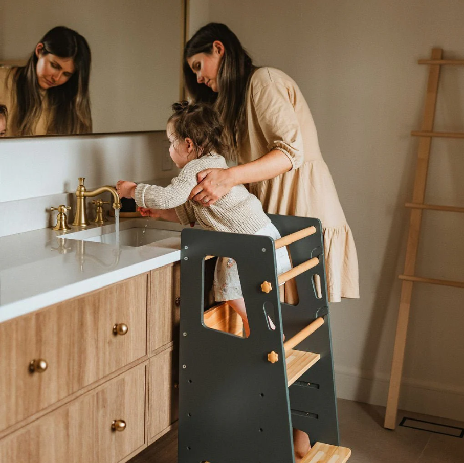 Tour d'Apprentissage Montessori en Bois Massif – Gris et Bois Naturel, Hauteur Réglable