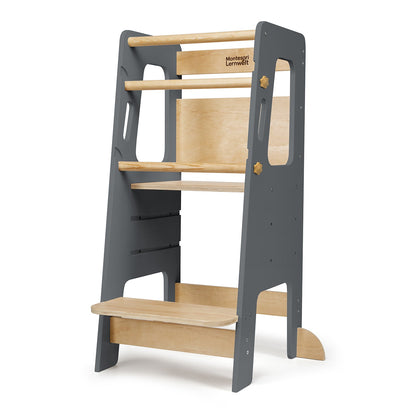 Tour d'Apprentissage Montessori en Bois Massif – Gris et Bois Naturel, Hauteur Réglable