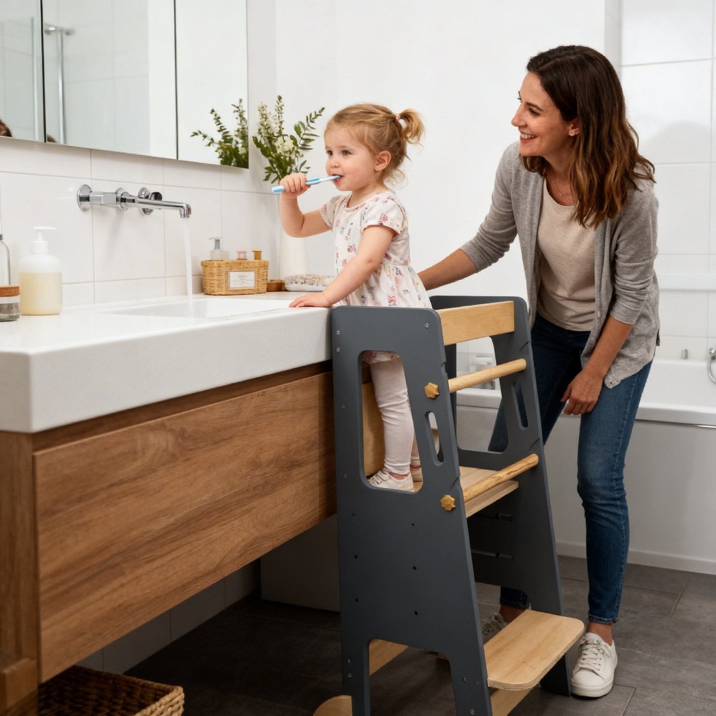Tour d'Apprentissage Montessori en Bois Massif – Gris et Bois Naturel, Hauteur Réglable
