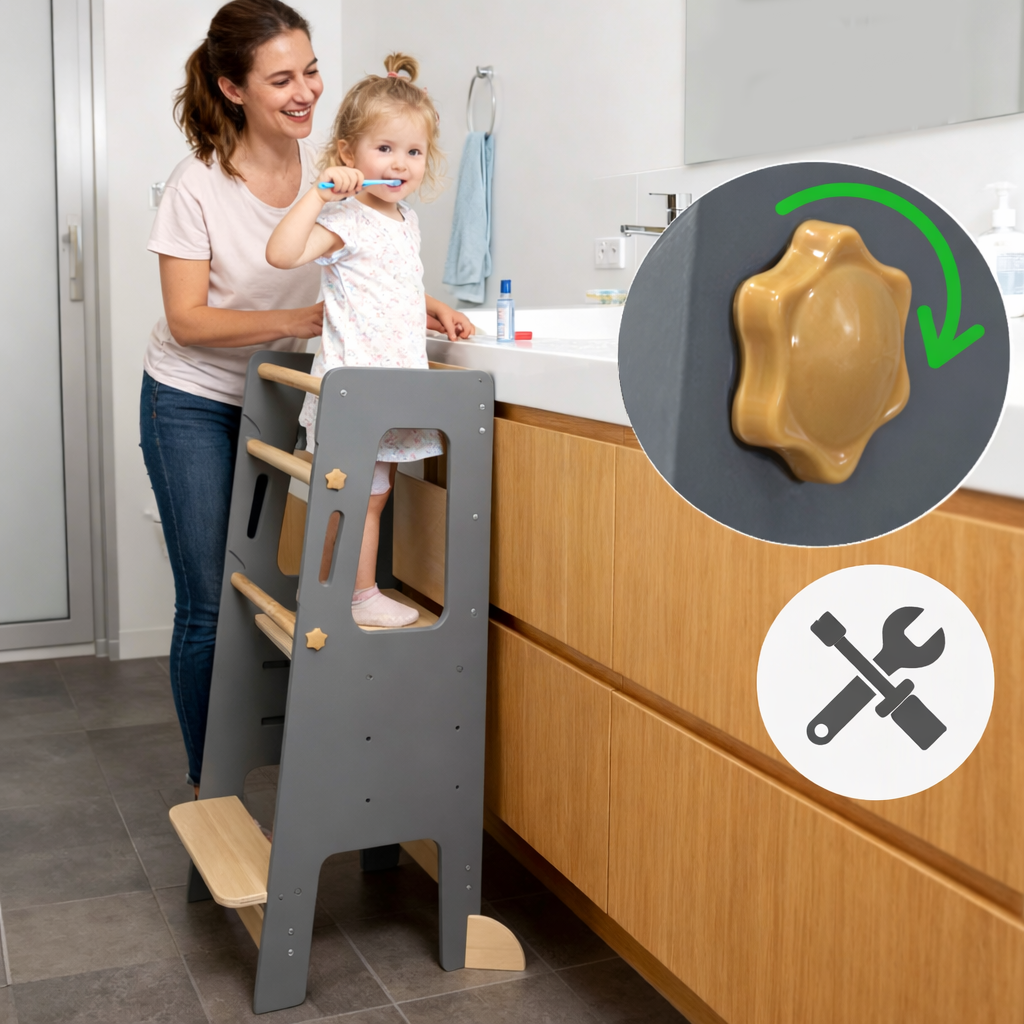 Tour d'Apprentissage Montessori en Bois Massif – Gris et Bois Naturel, Hauteur Réglable