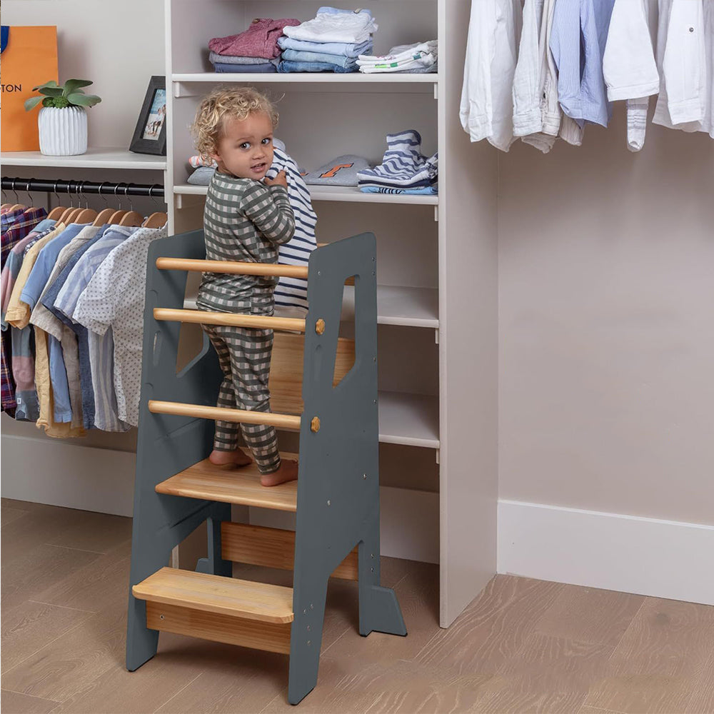 Tour d'Apprentissage Montessori en Bois Massif – Gris et Bois Naturel, Hauteur Réglable