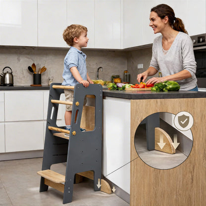 Tour d'Apprentissage Montessori en Bois Massif – Gris et Bois Naturel, Hauteur Réglable