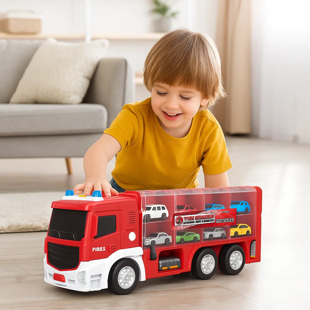 Camion de transport de voitures 2-en-1 avec circuit et voitures – Camion jouet transformable pour enfants