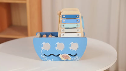 Bateau d’activités en bois 5-en-1 avec xylophone et circuit de motricité