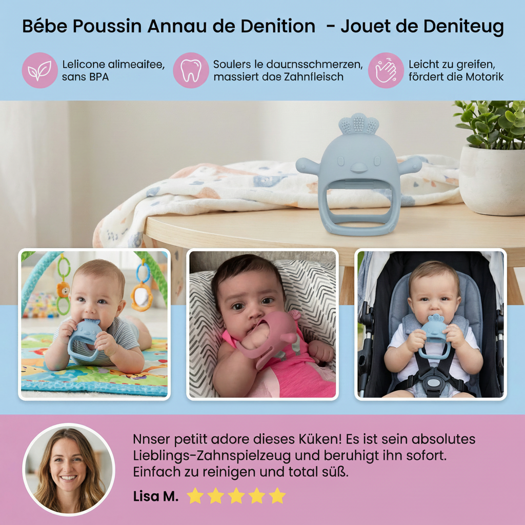 Anneau de Dentition Bébé en Silicone Alimentaire Motif Poussin