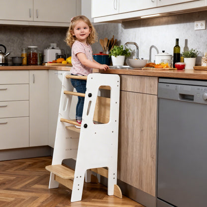 Tour d'Apprentissage Montessori en Bois Massif – Gris et Bois Naturel, Hauteur Réglable