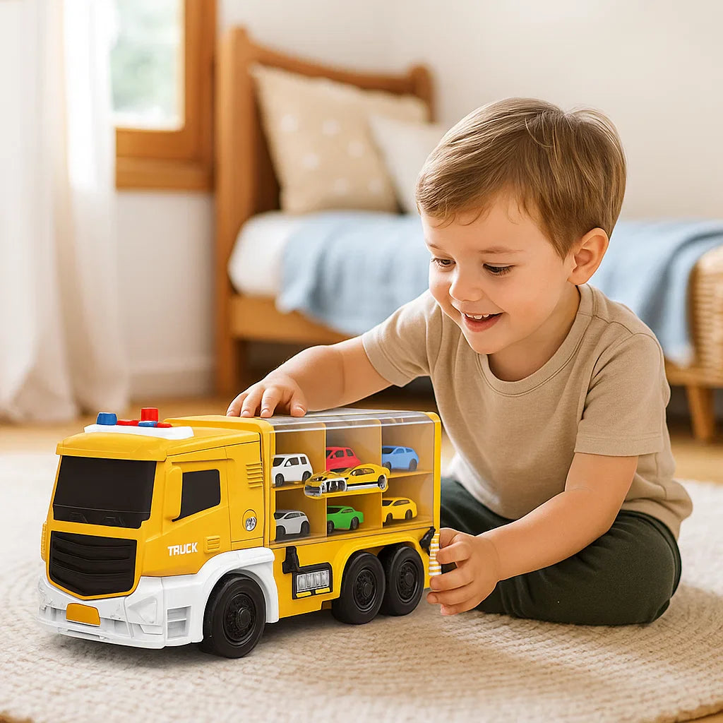 Camion de transport de voitures 2-en-1 avec circuit et voitures – Camion jouet transformable pour enfants